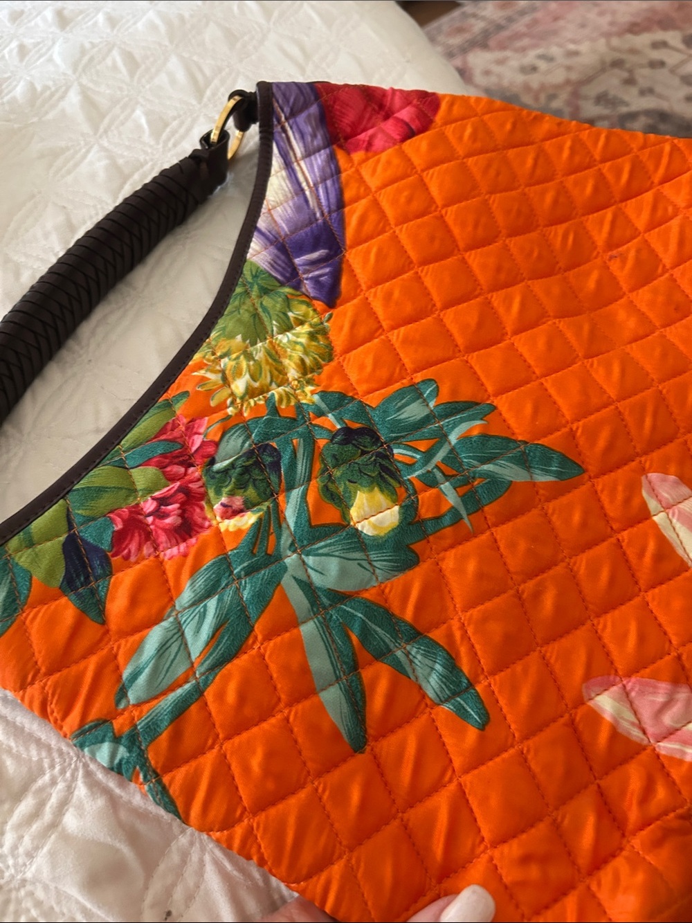 Brooks Brothers Orange Quilted Shoulder Bag with Floral Print and Braided Handle